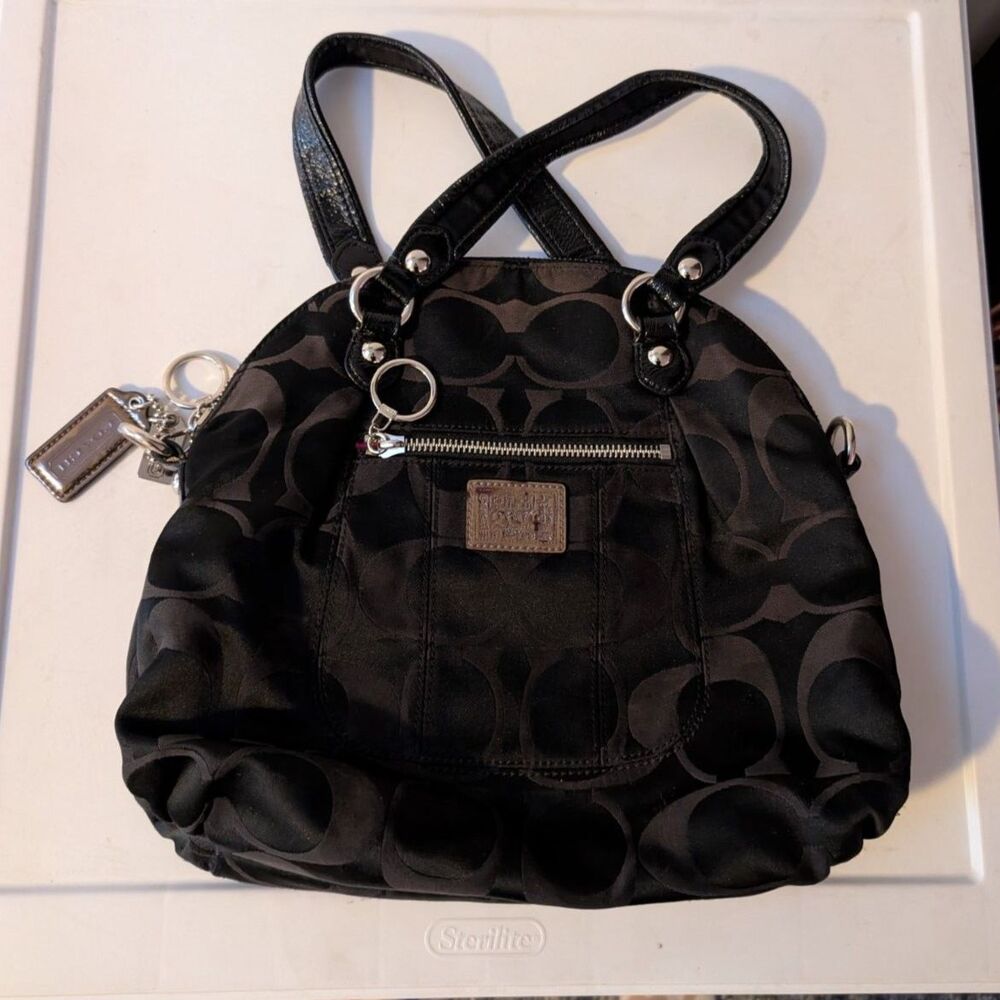 COACH POPPY BLACK SIGNATURE DOME SATCHEL BAG PINK LINING